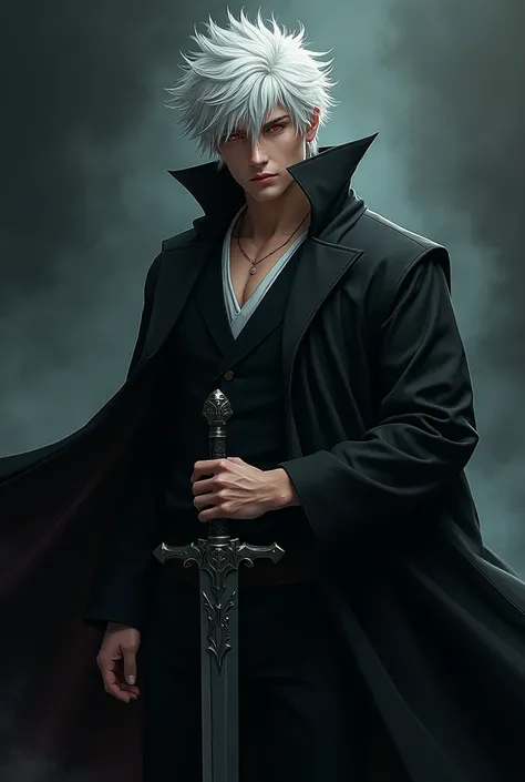  a young man, exercised, white, cabello white despeinado,  red eyes, a black overcoat and a dark metal sword, similar to Ichigo ,   hyper realistic image 