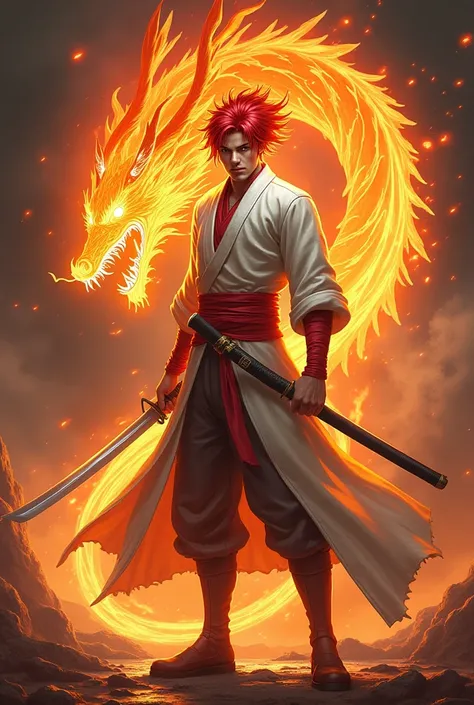 Create a game logo with a handsome male ninja god in a golden white coat, red hair with eyes releasing flames, holding a katana sword, dressed like a god in heaven, with a shadow of orange, neon on the back.\n and has the active gesture of a demon ninja .
...