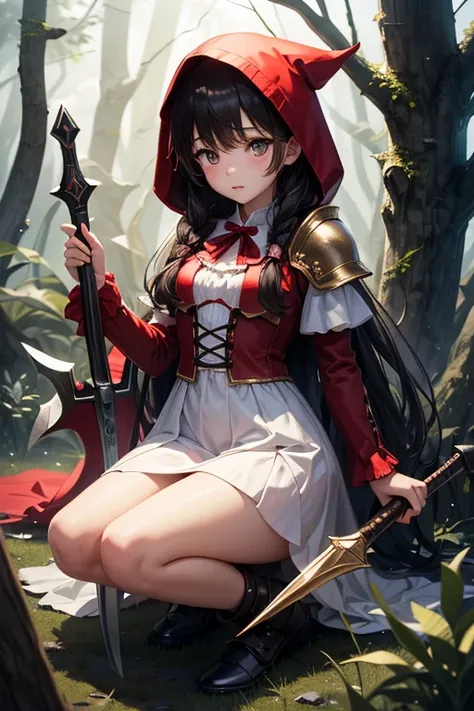  highest quality,   ultra high resolution、(( girl)),Has a big axe、 semi-long black hair, brown eyes, Little Red Riding Hood, red and white costume that looks like armor、Desolate Forest ,