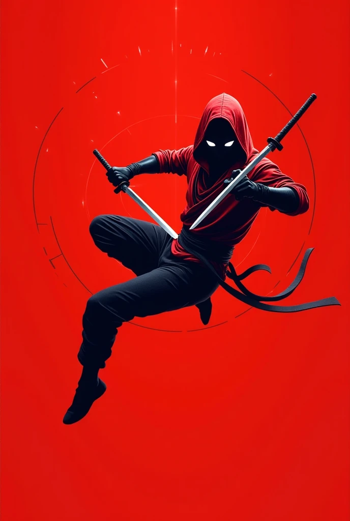 A minimalist stylized ninja in an ultra-dynamic mid-air pose, performing an exaggerated acrobatic flip with extreme fluidity. The ninja wears a vibrant red and black hooded outfit, with the fabric billowing dramatically in the motion. The ninja wields dual...