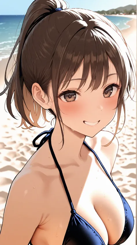 Masterpiece, 1girl, ((hikari mc)), long ponytail, brown hair, brown eyes, dynamic lighting, ultra detailed, highres, absurdres, home,stunning visual cg, blushing,  joyful grin,(beach, bikini), upper body shot