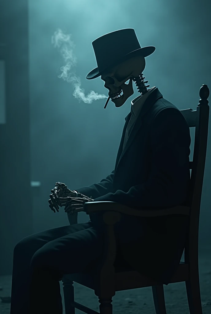 human bones,wearing a black peci,tinged a cigarette smoking in his teeth,sitting on the wood chair,bluish black fog.high realistic