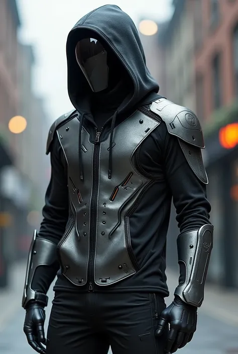 The hoodie features a push button system for a cool, stylish armour.