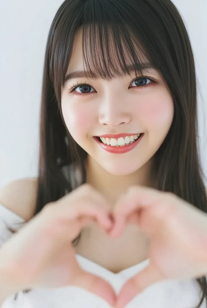  Super Fine、 up of her face 、 and she has a smile showing her teeth,  is wearing off-shoulder, makes a heart shape with both hands、 background is simple 、   high image quality、細部にわたって  high image quality