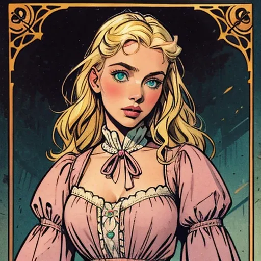 Young beautiful medieval girl. With green eyes and blond hair. Pale skin and blush cheeks. Pink lips. Wearing a light-blue victorian dress.