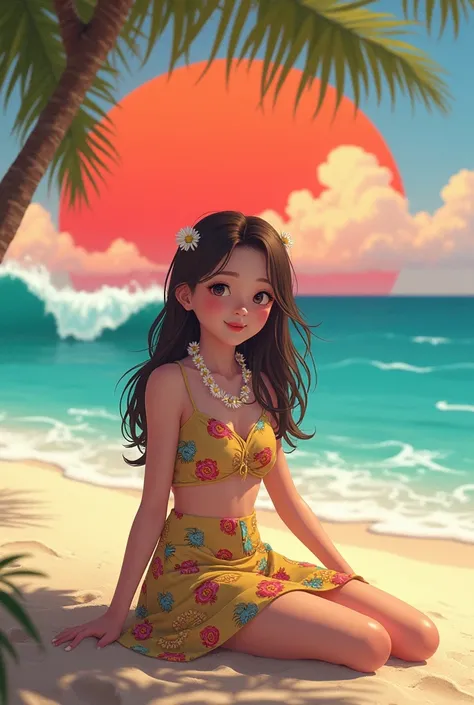  a girl,   on the beach ;(   short dress with Hawaiian washers ). flores; Cooked a    (    fried egg   ) , ( Indonesian daisy necklace  )Background with:(beautiful waves ) ; red sun[    8K high definition ultra Polaroid lighting].