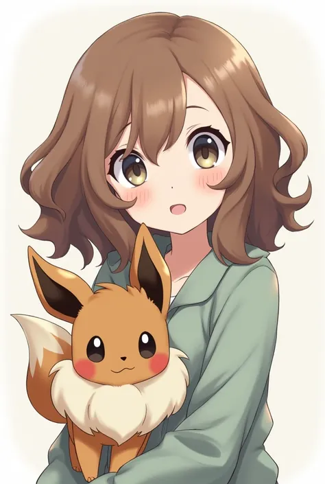 Pokemon drawing style:   a girl with wavy hair a little below her shoulders ,  the color of her hair was brown but opaque and light at the same time; and her eyes were a bright gray color , And aside the Pokemon Eevee