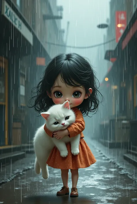 cute girl bring white cat in heavy rain 