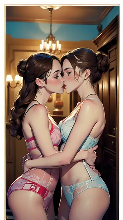 (  Masterpiece , top quality,  top quality,  official art, beautiful,  and aesthetic:1.2),( two identical twin girls kissing, hugging, two girls:1.5), night, bedroom, (lingerie),  rich and colorful,  most detailed, emma watson, identical twin, 30yrs old, b...