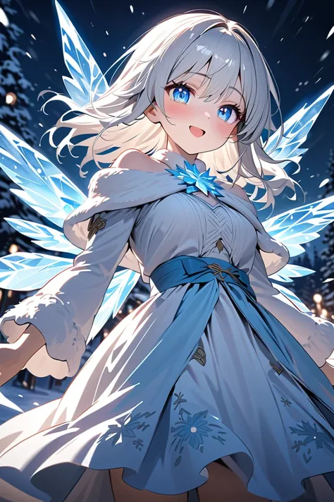  1 girl, solo,  high resolution,    Masterpiece, accurate,  anatomically correct, 最 high quality,  high quality,  textured skin, from below, wide angle, A cute clumsy fairy girl with long, silvery-white hair and sparkling blue eyes hovers in the snowy sky,...