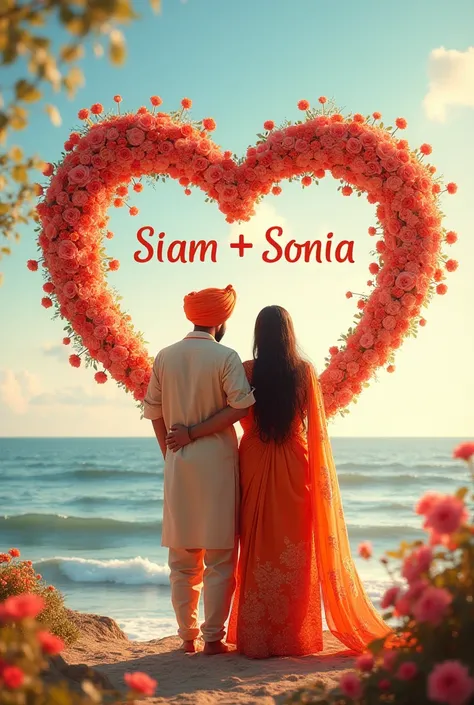 Boyfriend wearing Punjabi and girlfriend wearing saree looking at the sea and with a love symbol made with rose flowers on the back and inside the love symbol Siam+Sonia is written 