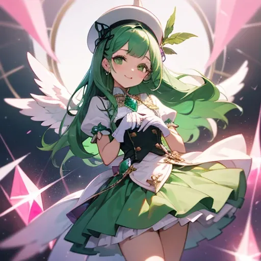  upper body up,  viewers,  1 girl,  girl, age14,  idol, Blue-green hair,  long hair, White Hat, Green Eyes, (green dress costume),  white frill,  puff sleeve, voluminous skirt, Tutu skirt,  miniskirt, ((pink jewel brooch on her chest:1.2)),  white ribbon, ...