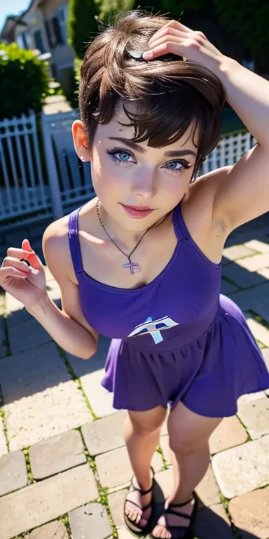  Photo of a 15-year-old European girl , .raw, Beautiful woman,freckles on cheeks ,beautiful blue eyes(Light brown hair   pixie haircut  ),  pixie haircut   ((retrato)), ((  detailed face :1.2)), (( detailed facial features)), ( finely  detailed skin ) ,Bon...