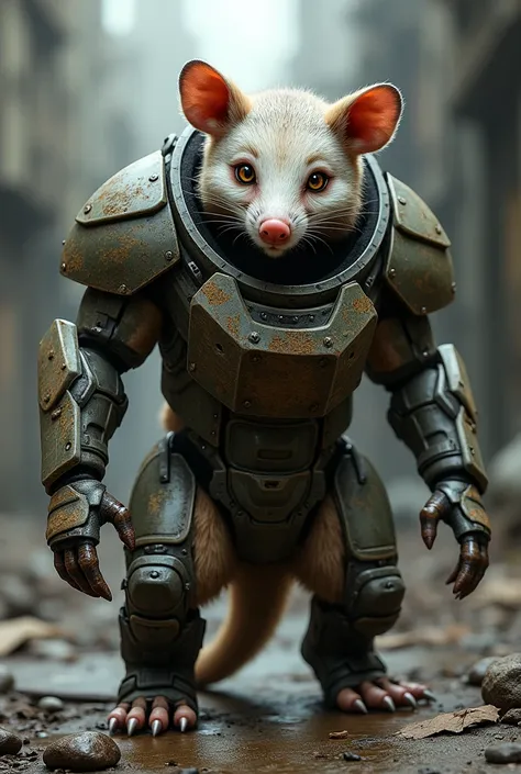 An anthropomorphic possum with CGO armor from the Gears of War video game saga 