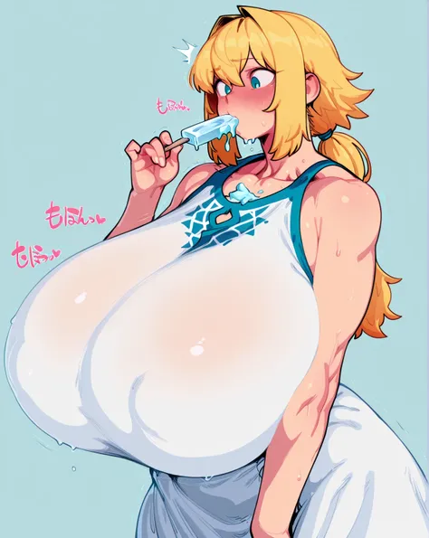 high detailed, high quality, masterpiece, no text, quality highlights, (masterpiece, best quality,very aesthetic), by Eigaka  ,(huge breast:1.4)
1 girl,masterpiece,beauty,cute,Face with mouth eating ice cream ,( yellow Haired low ponytail), Sleeveless Ultr...