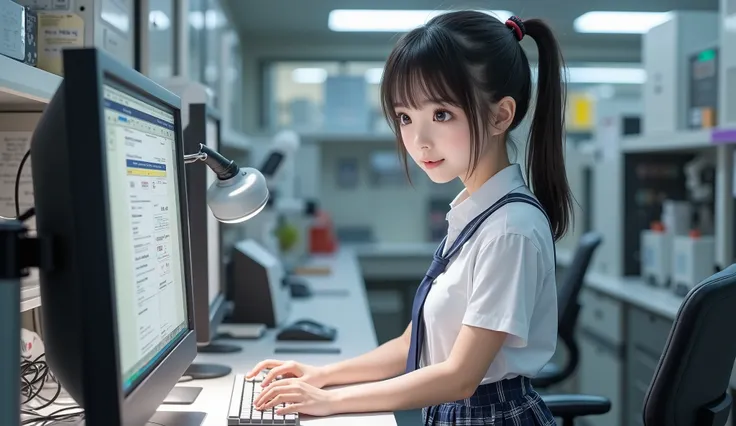  1 girl，(とても cute女子高生:1.3)， Masterpiece， highest quality， high resolution，((( photorealistic with a sword)))， RAW photos ， ray tracing， Physically Based Rendering ， beautiful girl，(Age 15:1.4)， cute，(detailed pupils:1.2)，(Small Lab:1.3)，Stand at your desk ...