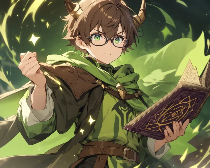 A boy with brown hair with green eyes,wearing glasses ,  wearing green wizard clothes with brown leather , holding a leather-cloaked grimoire with small horns 