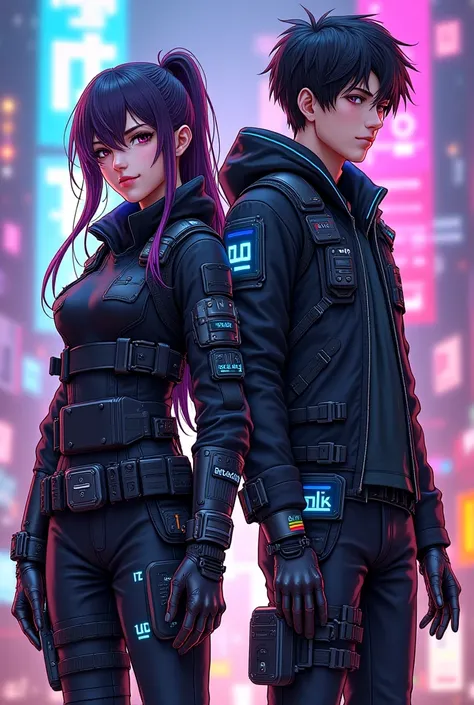 "Two highly detailed anime-style characters with a dark, edgy, and futuristic aesthetic, similar to Arknights or cyberpunk-inspired illustrations.

The female character represents the animation department and has long, slightly messy hair with gradient tip...