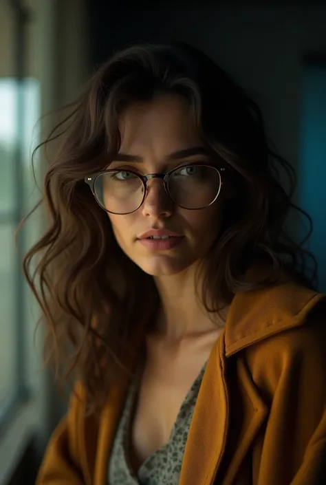 Une belle femme de 23 ans, brune claire, close-up, fille d'à côté, vêtements amples, makeup, Lèvres, lunettes, nuit, cheveux en bataille, grain de film, Retro, Porta 160 couleur, shot on ARRI ALEXA 65, mise au point précise sur le sujet, Fujifilm XT-3