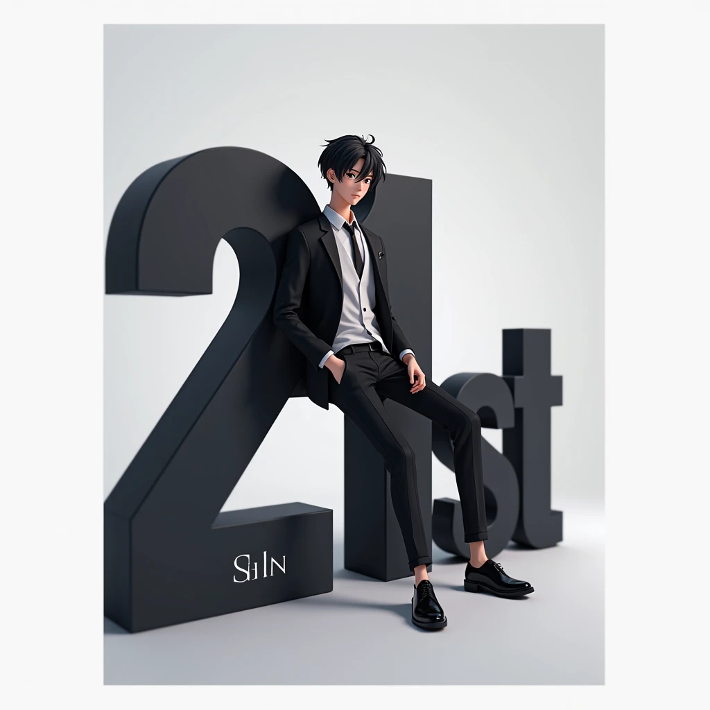 Create a Image of a 21 Years Old cool Anime Guy Sitting on a 3D Large Word "21st" which has Black Color and Design. The background is a white and grey gradient background and the guy is wearing black groom attire with Name "SHIN" in the middle.