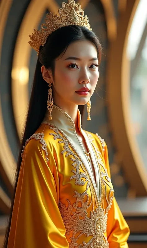  full body shot ,  masterpiece ,   best quality, (Realistic images:1.4), Photos of beautiful Korean women,  Wearing Gold Alliance Clothes ,  Gold Alliance Crown , Future Throne ,