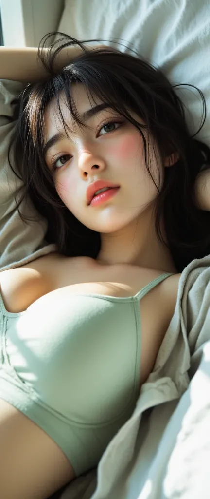 8k,  Masterpiece,  highest quality,  beautiful Korean woman , High Angle, close-up,   big breasts,   long dark hair,   pale skin on a street car,   light green bra, loose shirt,  Sweat underwear,  relaxed posture ,  Lying face down,   fold your hands behin...