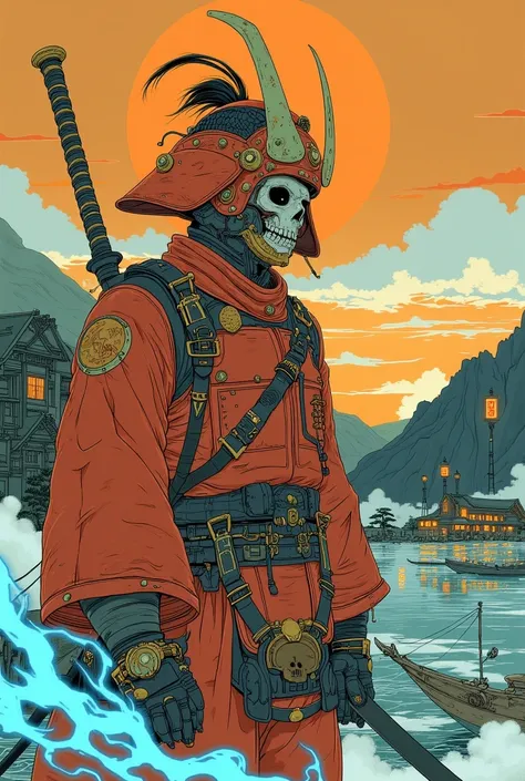  Steampunk Ukiyo-e 、CG Ukiyo-e Anime ,Strong, cool, cool, red Japanese armor, steampunk, samurai with the face of Hannya、 Gorgeous Gold and Black Decorations 、Red Helmet、 big waves、old ukiyo-e　ink、skull、Katsushika Kitaisai(   Masterpiece:1.2),  top quality...