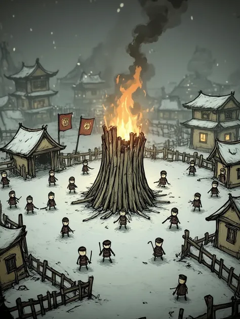  Ancient buildings in the Three Kingdoms style ， There is a burning wooden tower in the center of the picture，There are wooden fences ，Chinese architecture， Many wooden camp tents ，The Three Kingdoms era，Military Camp，There are a few military flags that sa...