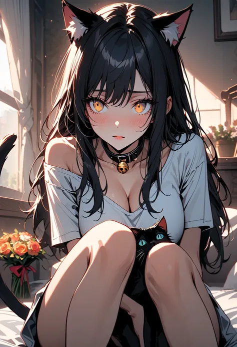 single woman,  sitting on the bed , long t-shirt,  big boobs, Young,  golden eyes,  constricted pupils , long blue and straight hair,  cat ears, cat tail, confused, morning, with seated , very cute,  BOUQUET, close up,  cleavage, a bare shoulder , hugging ...