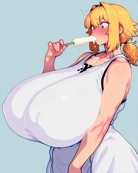 high detailed, high quality, masterpiece, no text, quality highlights, (masterpiece, best quality,very aesthetic), by Eigaka  ,(huge breast:1.4)
1 girl,masterpiece,beauty,cute,Face with mouth eating ice cream ,( yellow Haired low ponytail),Sleeveless Ultra...