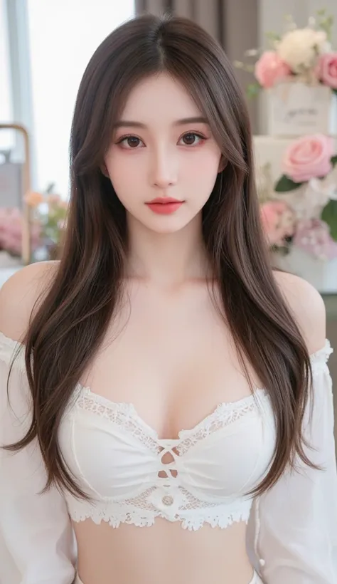 The image features a beautiful girl bikini with long, wavy hair that has highlights. They have a neutral expression and are wearing subtle makeup, including pink lipstick. The individual is dressed in a white garment with lace details around the neckline. ...