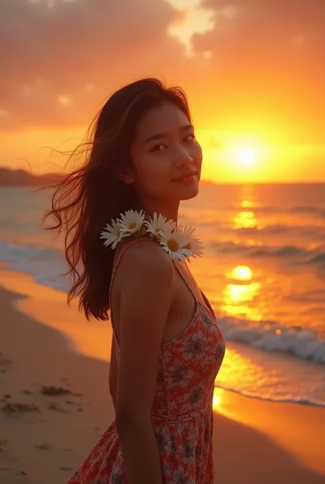  a girl, with Indonesian features,  on the beach ;(   short dress with Hawaiian washers ). flores; ((cooked ,   fried egg  )) , ((Collar de Margaritas)),Background with:((hello,Mar)) ; sun (red); Beautiful sunset,  [  8K high definition ultra Polaroid ligh...