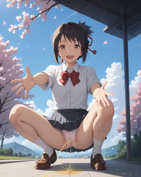 score_9, score_8_up, score_7_up, source_anime, high resolution picture, Intricate details, 1girl, aamitsuha, full body, black hair, short ponytail, hair ribbon, brown eyes, school uniform, red bowtie, collared shirt, white shirt, short sleeves, pleated ski...