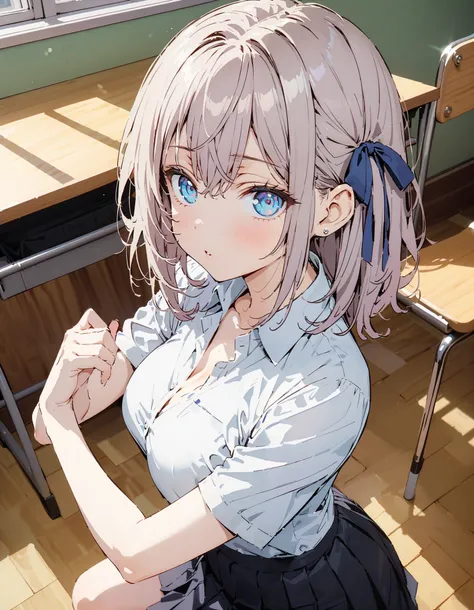 sysdeep_Arisa,  Silver Hair,  blue eyes, break skirt,  shirt,side hair Ribbon,  school uniform, white  shirt, Short sleeve, Big Breasts, cleavage, gal, collared  shirt,  sweater ,  white socks, black mini pleated skirt ,  loafers,  for tomorrow, in the sun...