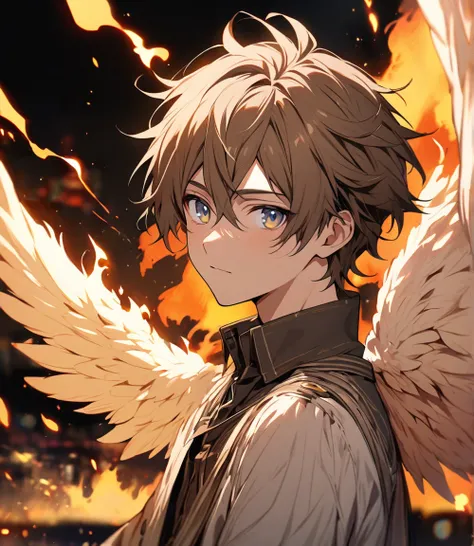 Solo, 1boy, male, 21 years old, soft brown hair, beautiful color, beautiful eyes, high detail, detailed background, angel wings, fiery background