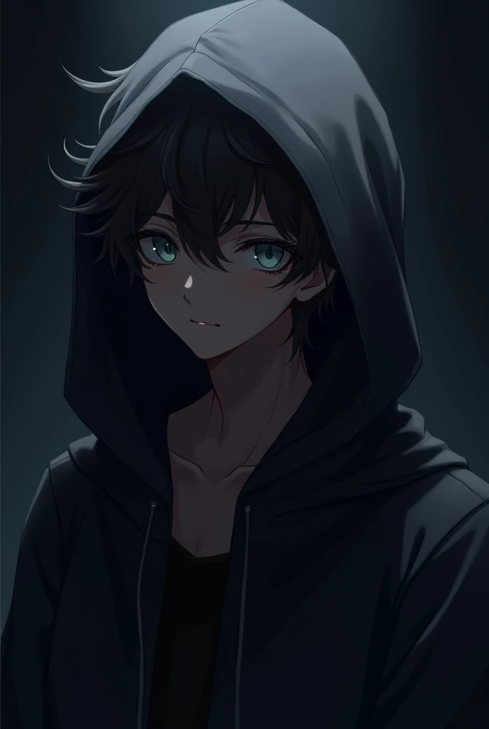 Caped with bangs curly hair face hidden by shade on the face sexy anime cute boy in the shadows male hidden face with hoodie