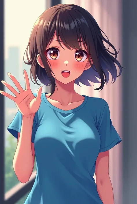  Sexy anime girl having fun, wearing a blue t-shirt ,  standing with fingers like 