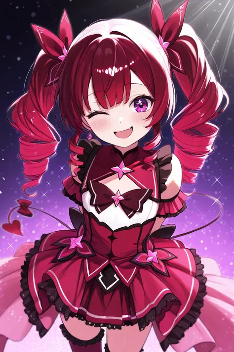  one girl、Standing portrait style、 hair color is dark red 、 purple eyes、drill twin tail hair、Magical Girl Clothes、 overskirt 、Bullish face、 wink、 glitter effect