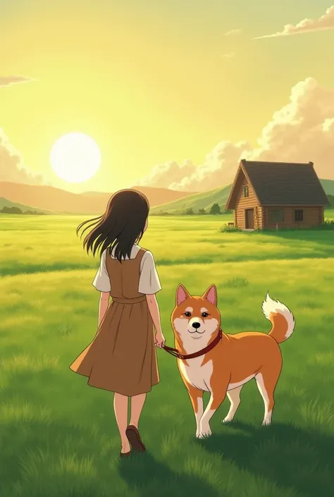 「In a beautiful rural landscape 、 the young woman and her Loyal dogs walking side by side 。 there is a green prairie and a small wooden house in the background 、 the soft light of the sunset wraps around them 。 the dog looks like a medium-sized Shiba Inu 、...