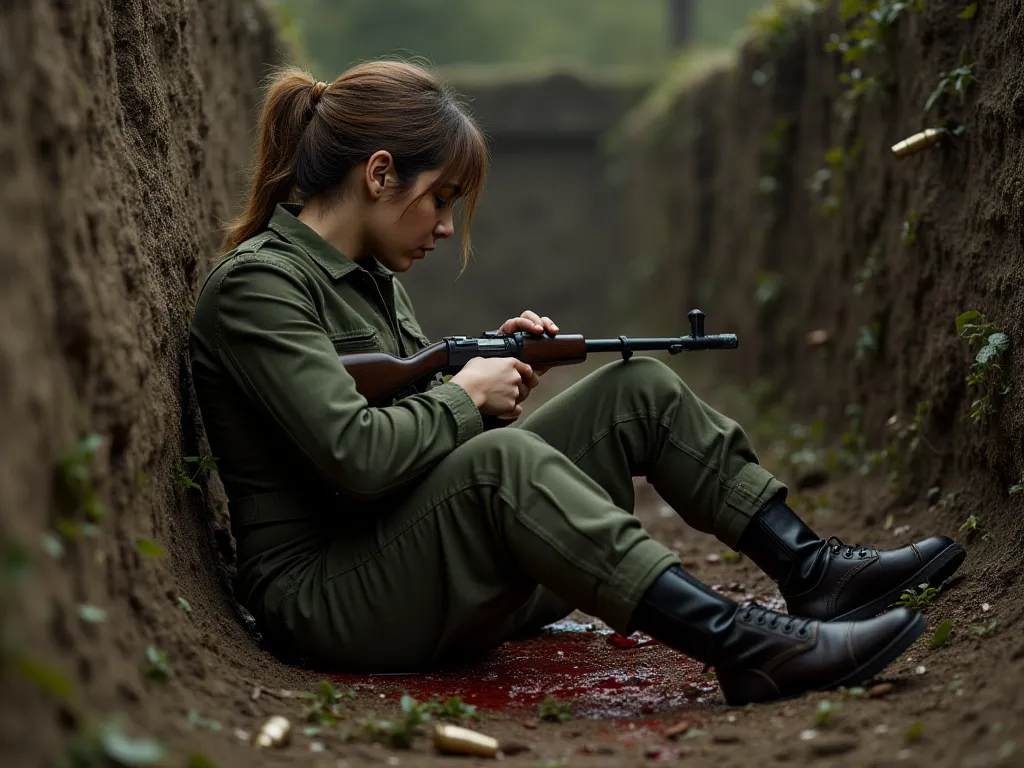 bullets tearing through the flesh of a uniform dressed female soldier (revealing uniform, relaxed fishtail hair) slumped in a weak sitting posture down in a trench, rifle in hand, blood splatter, side angle view