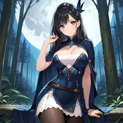 8k, Masterpiece, best quality, ultra detailed, high resolution, super fine illustration, perfect fingers and hands, beautiful eyes and face, 1girl, solo,(dark fantasy), dress, skirt, pantyhose, forest background,moon night, cowboy shot, looking at viewer,