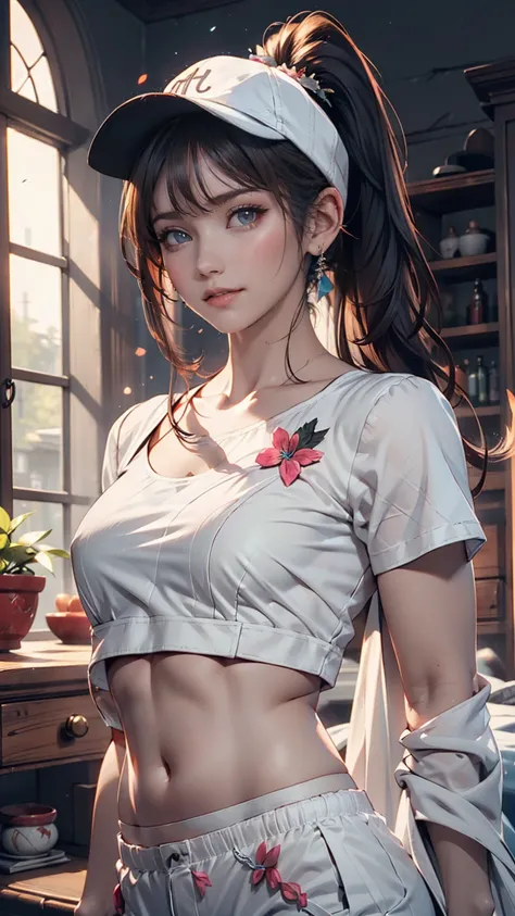  Hi-Res,  Masterpiece,  highest quality ,  super detailed, ( Fine grain ), ( detailed face),  1 girl, illustration, Gray Hair,  red eyes ,   best detail, ( glowing eyes),  flat breasted ,   backlight, (midriff:1.4), light,  high contrast,  colorful,room_ i...