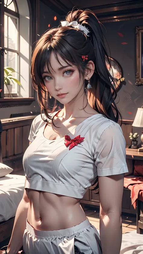  Hi-Res,  Masterpiece,  highest quality ,  super detailed, ( Fine grain ), ( detailed face),  1 girl, illustration, Gray Hair,  red eyes ,   best detail, ( glowing eyes),  flat breasted ,   backlight, (midriff:1.4), light,  high contrast,  colorful,room_ i...