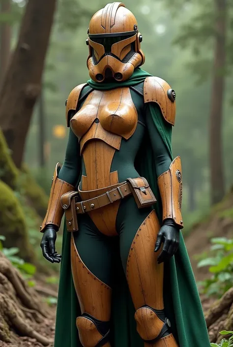 Sexy female stormtrooper (Star Wars), armored leotard, wood helmet, wood armor, wood mask, wearing green cape