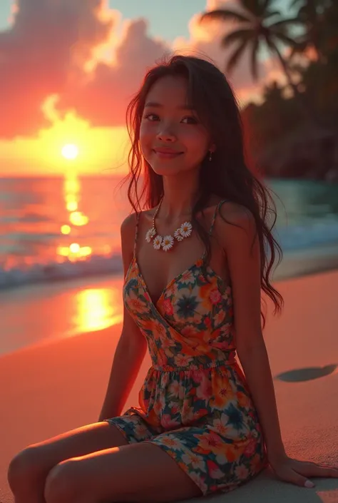  a girl, with Indonesian features,  on the beach ;(   short dress with Hawaiian washers ). flores; (cooked) , ( fried egg  ), ((Collar de Margaritas)),Background with:((hello,Mar)) ; sun (red);( Beautiful sunset),  [  8K high definition ultra Polaroid ligh...