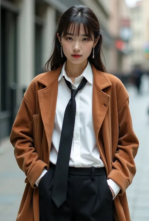 Slack blueback, white shirt with black tie, Korean style corduroy casual jacket retro loose fashion long-sleeved top