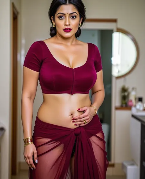 Front view,full body portrait image of busty sexy woman, washing her clothes inside bathroom,in wine blouse and wine transparent saree,wet body,hair bun,red lips,sexy busty women,bright lighting,