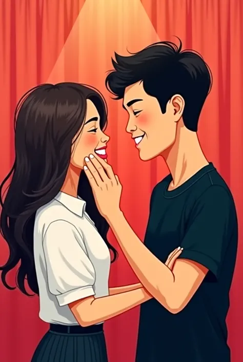 make a cartoon picture of couple in a photobooth. the girl has long hair, tan skin, white blouse. She laughing facing her left side. The girl right hand stoping the boy. Her left hand covering her mouth. the boy is chinese using black shirt. he smiling at ...