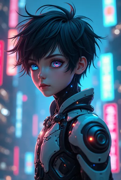 A futuristic-looking  humanoid robot boy.  He has black hair with vibrant blue highlights , giving him a stylish and modern look .  Her eyes are heterochromatic ,  one bright blue and the other intense red ,  creating a striking contrast .  His body is mad...