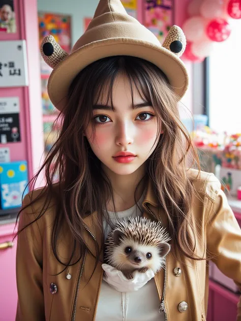 8k,  masterpiece ,  Top Quality,   Korean pretty woman , Long wavy brown-gray hair,  light brown monster V hat  , Big eyes,   pointed light brown hat  ,   Hedgehog Pet  ,  light brown modern leather jacket, decorated with silver pins , White leather skirt ...